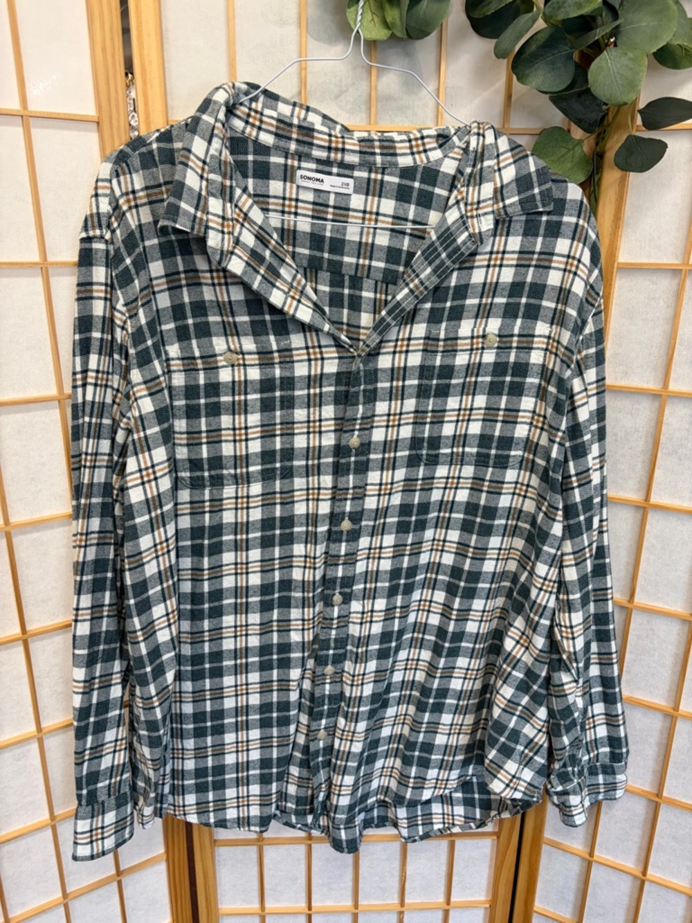 Sonoma Green, White & Brown Plaid Button-Up Shirt
